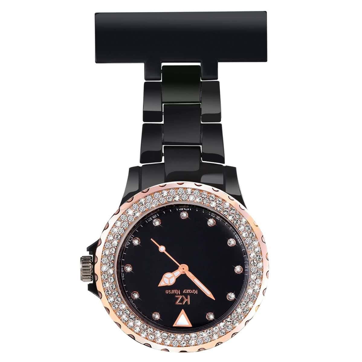 Jolie Montre Infirmière Plastique Noir Rosé Strass KRAZY 35