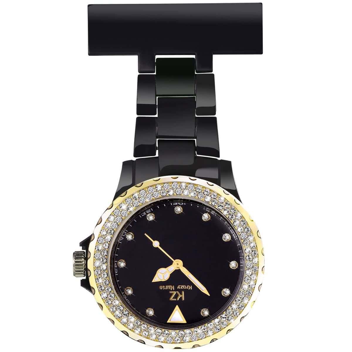 Belle Montre Infirmière Plastique Noir Doré Strass KRAZY 45