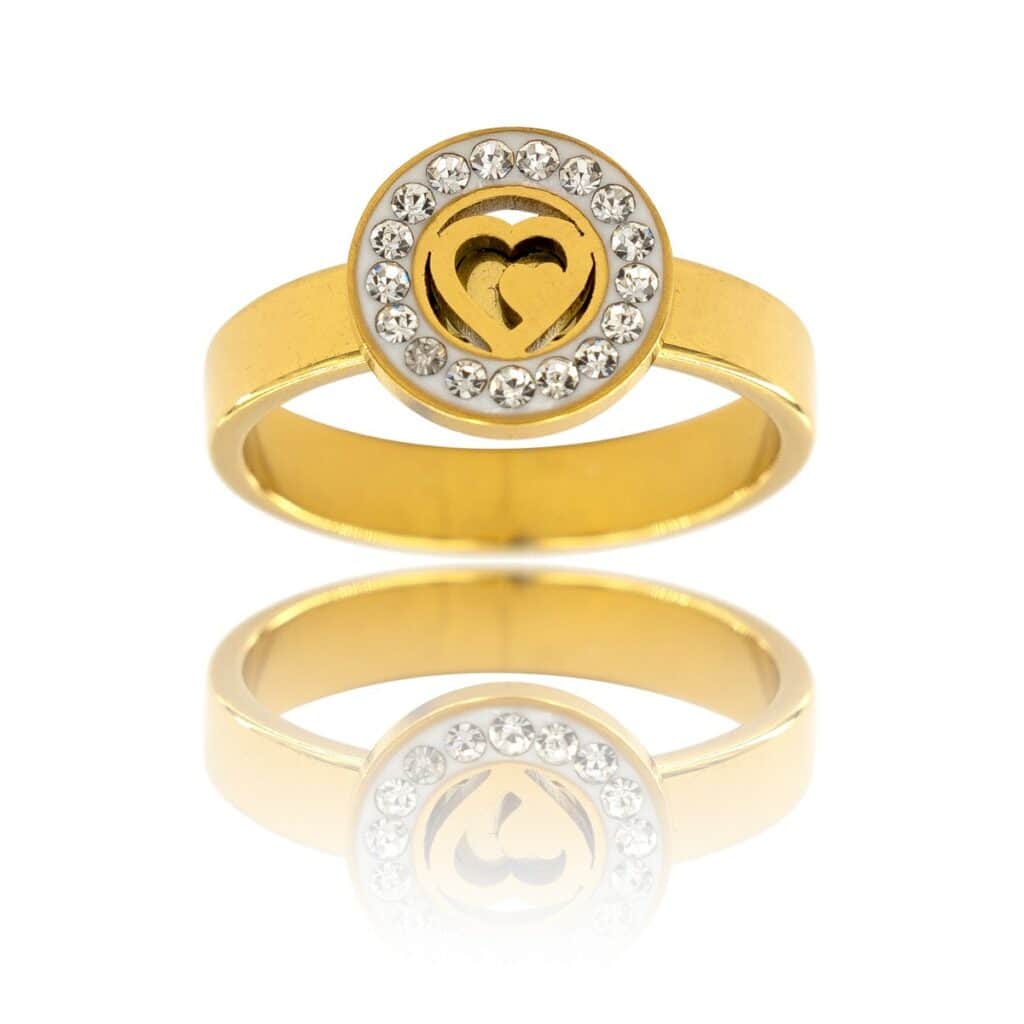 Bague Femme Coeur Acier Doré Ornée Zirconium