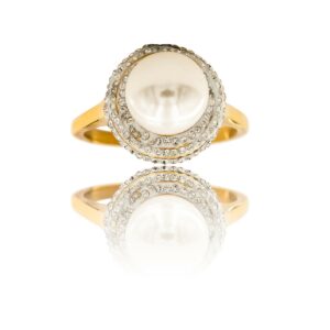 Bague Tendance Femme Acier Doré avec Perle Ornée Zirconium