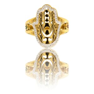 Bague pour Femme Acier Doré Main de Fatma Ornée Zirconium