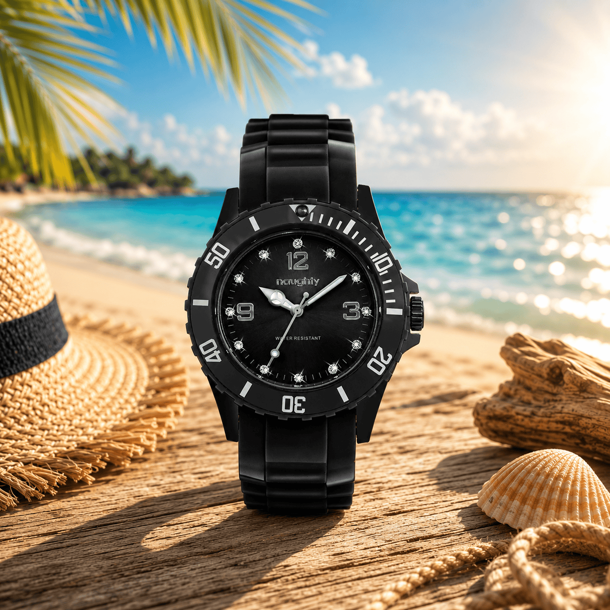 Montre Femme Naughty Watch Ornée de 12 Cristaux Swarovski® & Bracelet Silicone Noir