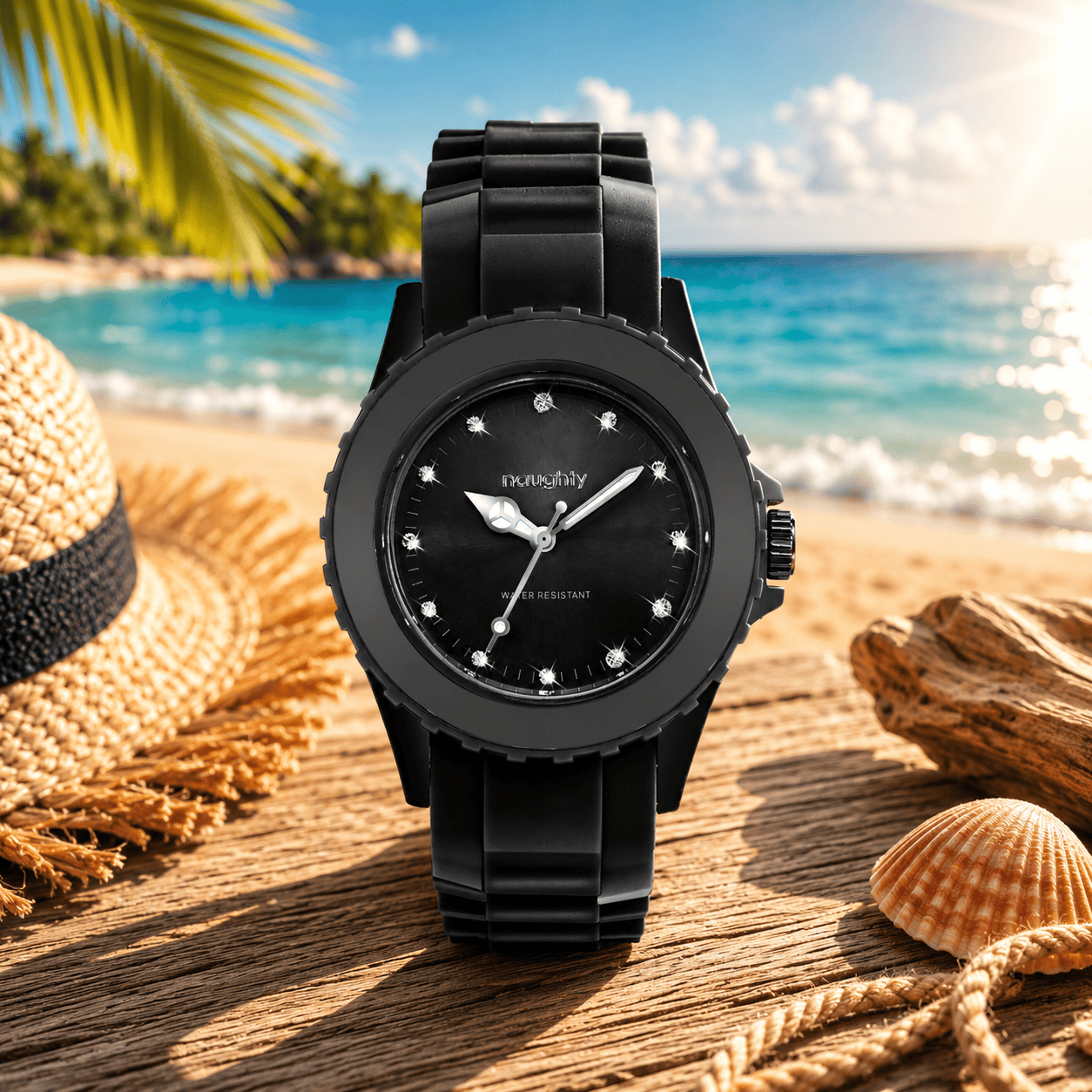 Montre Femme Naughty Watch Ornée de 12 Cristaux Swarovski® & Bracelet Silicone Noir